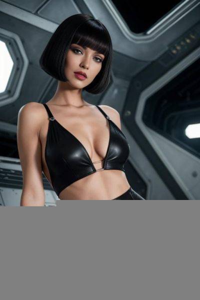 (woman spaceship engineer) (bob haircut) (loose fitting low cut black crop top) (nip slip) (spaceship factory) - ai-porn.ai on pornsimulated.com