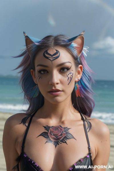 Face, sexy, beautiful, ((face painting)), ((bikini as seashell)), ((tattoo roses)), ((eyes shw)), ((angel wings)), ((rainbow hair)), ((sexy expression)), ((long bu hair)), ((wind)), (( cat face)), (( cat - ai-porn.ai on pornsimulated.com