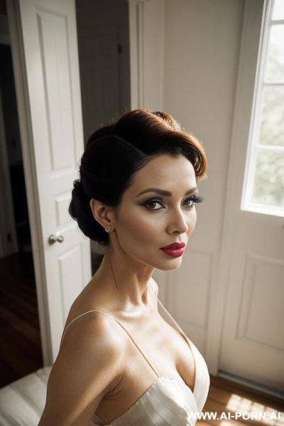 Very beautiful mature, elegant mother, perfect face, pout mouth, full lips, beehive hairstyle, updo hair, curlers in hair, leaning in the doorframe, bedroom door, seductive positive look, fulltransparent morning gown - ai-porn.ai on pornsimulated.com