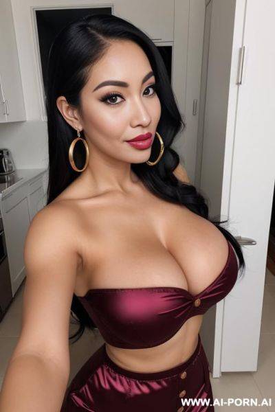 Belfie, goofy expression, round boobs, extremely pretty, full botox lips, button nose, eye contact, ahegao, hoop earrings, tight waist - ai-porn.ai on pornsimulated.com