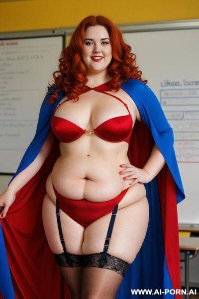 Close up half body photo shot, about at classroom, chubby ((obese and curvy fat handlovess)) redhead fat bbw teacher, wearing a hot heroine (red, blue and yellow suit), with a flowing cape and and stocking. - ai-porn.ai on pornsimulated.com