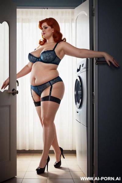 ((((half body photo shot close up)))). as a set in the laundry area, a (((very big obese))) fat chubby fat thick and bbw redhead british, ((she is washing clothes)). she has lovehandless. she - ai-porn.ai - Britain on pornsimulated.com