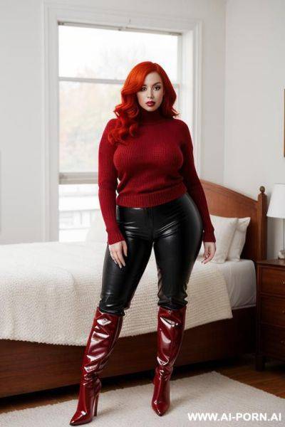 Female, mid-30s, fiery red hair, fair skin, and a voluptuous figure, without underwear, in skintight pants, tall thigh-high boots, no bra, and a half-transparent knitted pullover, posing standing in her bedroom - ai-porn.ai on pornsimulated.com