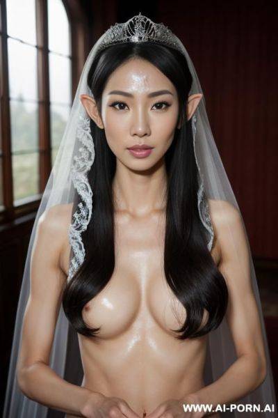 Tall elf woman, very fit and athletic, beautiful face, tiara, wedding veil, facial cumshot, totally naked, cum on hair, semen on face, asian eyes - ai-porn.ai on pornsimulated.com