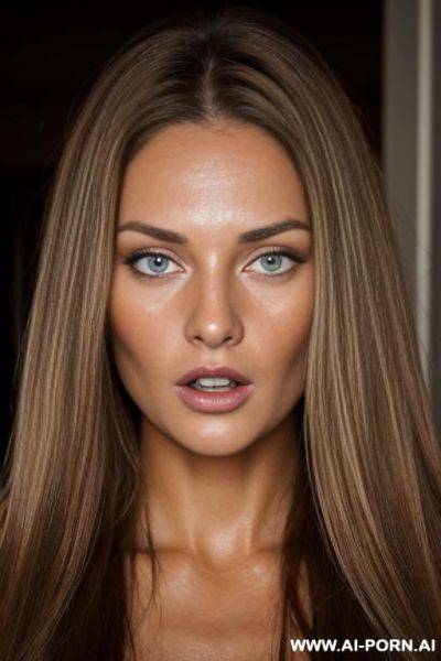A beautiful naked woman with very long brown hair with blonde highlights, a light tan complexion - ai-porn.ai on pornsimulated.com