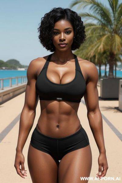 Black woman, 20 years old, size, athletic body, muscular stomach, huge large rond breast. short hair, bob hair, sport wear - ai-porn.ai on pornsimulated.com