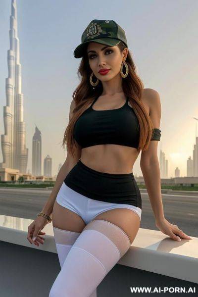 Cloudy sunset in dubai city a beauty face italian mommy with view fish eye lens ground level shot looking ahead direct eye contact to a mobile phone talking view stading sexy posture leaning - ai-porn.ai - Italy on pornsimulated.com