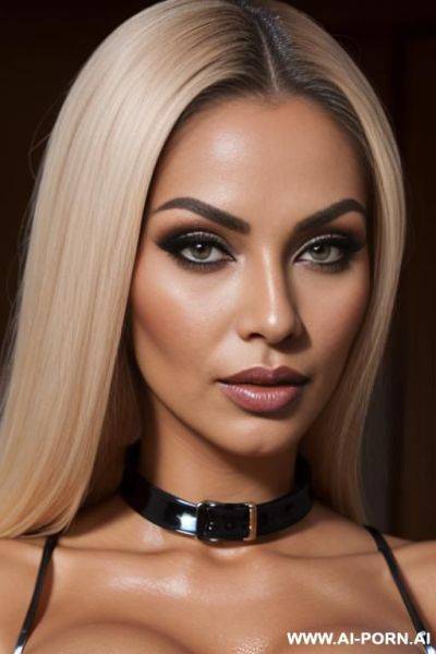 Persian bimbo, heavy makeup, perfect tanned naked body, eye contact, latex collar - ai-porn.ai - Iran on pornsimulated.com