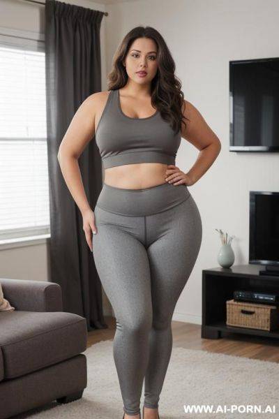 Chubby woman, full body, standing, long brown hair, triangular hips, thick thighs, wearing gray leggings and tight tank top, living room in front of the television - ai-porn.ai on pornsimulated.com