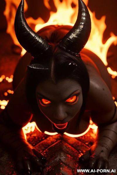 Hot sexy seductive horny beautiful demon woman, horns, ((coal black skin)), ((glowing eyes)), perfect body, perfect boobs, ((plump lips)), bending over, surrounded by fire - ai-porn.ai on pornsimulated.com