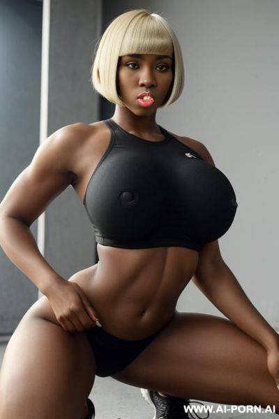 Black woman, 20 years old, size, athletic body, muscular stomach, ((((huge round boobs)))). short hair, sleek hair, (((bobcut hair))), (((dyed blond hair))), sport wear, black crop top and black short, kneeling, cum in mouth - ai-porn.ai on pornsimulated.com