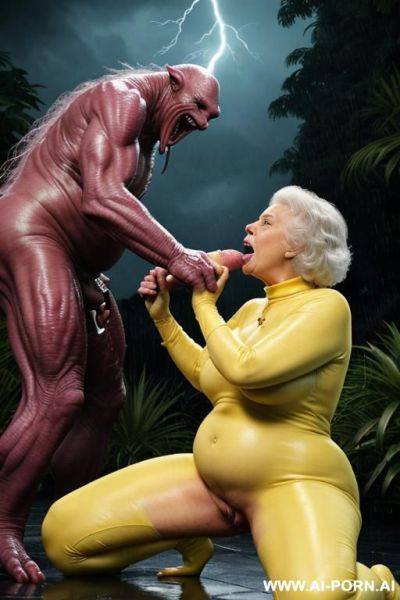 Two characters in the picture: granny and monster (male extraterrestrial creature); tropical jungle, heavy rainstorm (a lot of water around), lightning; huge male extraterrestrial creature (very - ai-porn.ai on pornsimulated.com