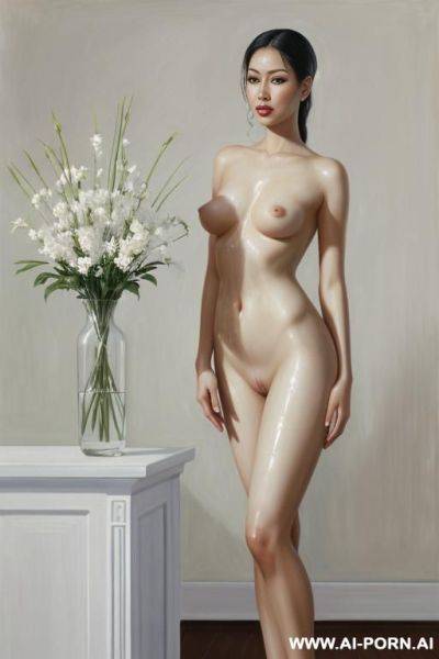 Hyperrealism painting: very beautiful sexy orgazm uzbek face, totally nude body. white skin. standing full-length view. flower in a vase. art. - ai-porn.ai - Uzbekistan on pornsimulated.com