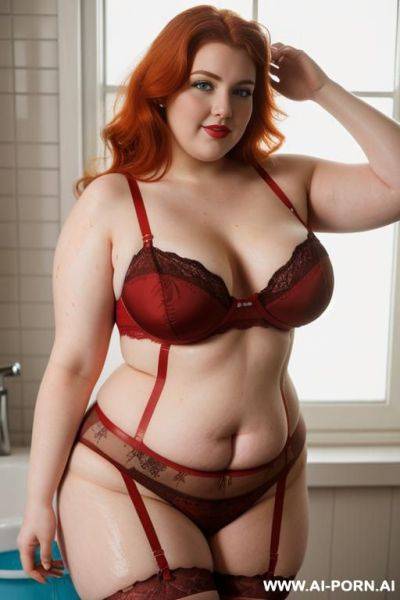 Half-length photo, ((half body photo shot close up)). as a set in the laundry area, a (((big obese))) fat chubby fat thick and bbw redhead british, ((she is washing clothes)). she has - ai-porn.ai - Britain on pornsimulated.com