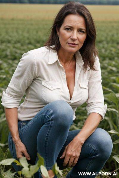 Farmer woman, shirt, jeans, squatting besides field - ai-porn.ai on pornsimulated.com