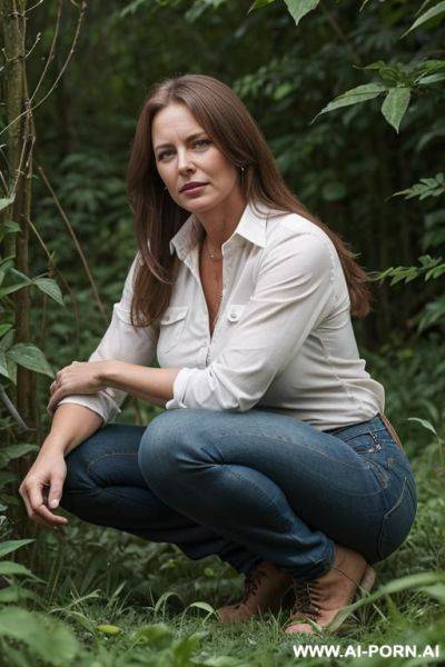 Farmer-woman, shirt, jeans, squatting, legs apart in underbrush besides field, hands on knees side-view - ai-porn.ai on pornsimulated.com