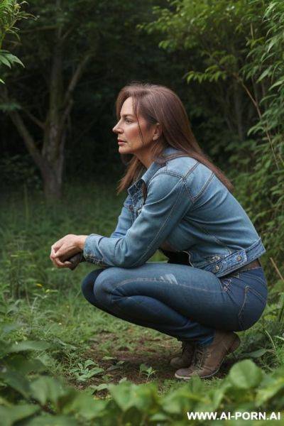 Farmerwoman, shirt, jeans, jacket squatting, bending over in underbrush besides field, side view - ai-porn.ai on pornsimulated.com