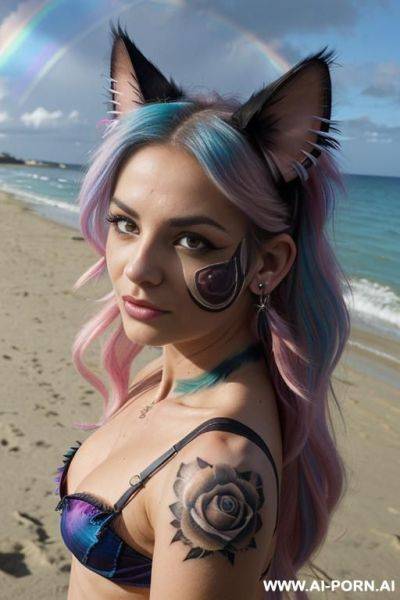 Face, sexy, beautiful, ((face painting)), ((bikini as seashell)), ((tattoo roses)), ((eyes shw)), ((angel wings)), ((rainbow hair)), ((long bu hair)), ((wind)), (( cat face)), (( cat ears)), (((feather - ai-porn.ai on pornsimulated.com