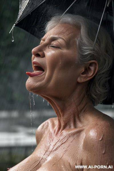 Downpour (raining very heavily, like a wall of water). monster (fantastic looking creature), very large monster, (monster has huge tongue) (terrible monster looks like devil), monster licks by his - ai-porn.ai on pornsimulated.com