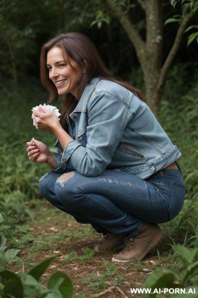Farmerwoman, shirt, jeans, jacket squatting, bending over in underbrush besides field, holding tissues, smiling, side view - ai-porn.ai on pornsimulated.com
