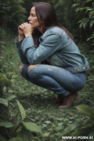 Farmer woman, shirt, jeans, jacket squatting in underbrush besides field, side view - ai-porn.ai on pornsimulated.com