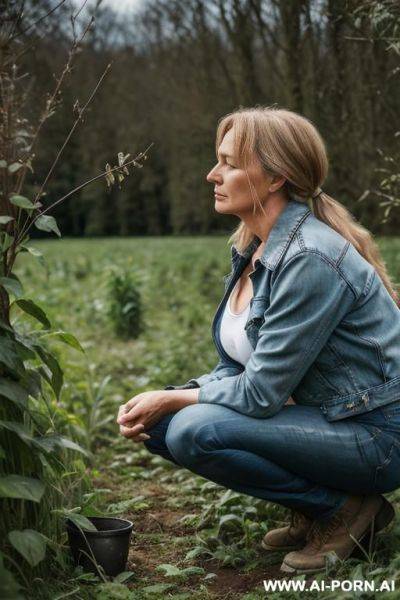 Farmer woman, shirt, jeans, jacket squatting in underbrush besides field, hands on knees, bowed head, side view - ai-porn.ai on pornsimulated.com
