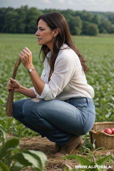 Farmer woman, shirt, jeans, squatting besides field, side view - ai-porn.ai on pornsimulated.com