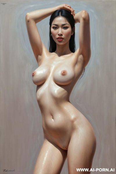Hyperrealism painting: very beautiful sexy orgazm uzbek face, totally nude body. white skin. standing full-length view. holding his head with his one hand up. art. - ai-porn.ai on pornsimulated.com
