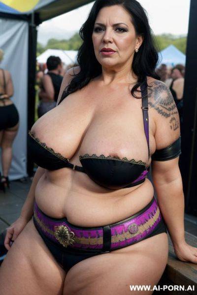 Very old matured gilf, aging mark, wrinkle skin, huge saggy boobs, chav, slag, slut, whore, glastonbury, festival, festival outfit, colorful outfit, festival clothes, slutty costume, rave costume, rave outfit, cosplay, tattoo, waist shot, night time - ai-porn.ai on pornsimulated.com