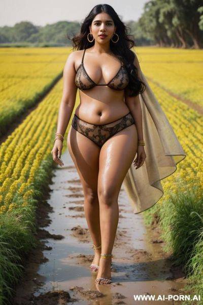 Bhumi pednekar, walking in a flower field on a mud road, hoop earrings - ai-porn.ai on pornsimulated.com