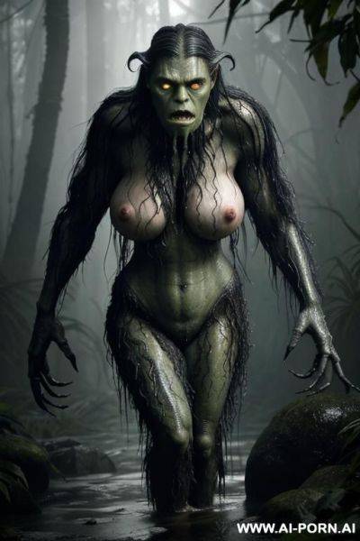 A full-body cinematic shot of an older woman with a mature, expressive face, streaks of grey in her wet tangled hair, wearing soaked, torn jungle clog that reveals much of her body. she is - ai-porn.ai on pornsimulated.com