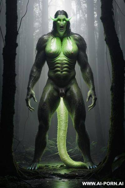 A cinematic full-body shot of (((two!))) distinct figures is in a dense tropical rainforest during a heavy downpour. one is a mature human woman with a weathered, extremely giant boobs (oversized - ai-porn.ai on pornsimulated.com