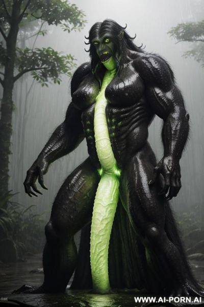 A cinematic full-body shot of two distinct figures is in a dense tropical rainforest during a heavy downpour. one is a mature human woman with a weathered, extremely giant boobs (oversized - ai-porn.ai on pornsimulated.com