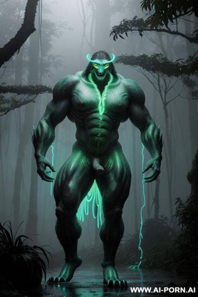A cinematic full-body shot of two distinct figures standing in a dense tropical rainforest during a heavy downpour. one is a mature human woman with a weathered, extremely giant boobs, expressive - ai-porn.ai on pornsimulated.com