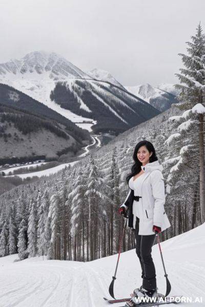 Realistic, beautiful, pretty face, chinese, caucasian, 30, wavy flowing hair, black hair, athletic body, white skin, natural boobs, slight smile, makeup, blusher, eye shw, standing, naked, spreading legs, showing pussy, pubic hair, camping background. - ai-porn.ai on pornsimulated.com