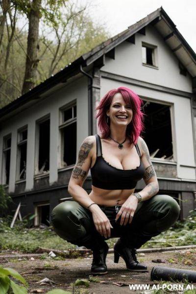German female punk squatting in underbrush in front of ruined house, smiling, pants side-view, - ai-porn.ai on pornsimulated.com