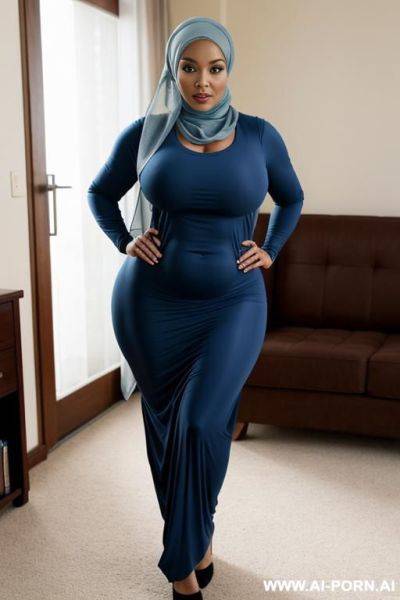 A woman with a big ass, wide hips, and large, massive breasts. she is wearing a hijab that covers her body down to the floor - ai-porn.ai on pornsimulated.com