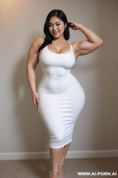 A full body shot from front of a stunningly beautiful woman, standing wide-legged, standing wide-legged, standing wide-legged, standing wide-legged, wearing a white sleeveless dress, large eyes, big - ai-porn.ai on pornsimulated.com