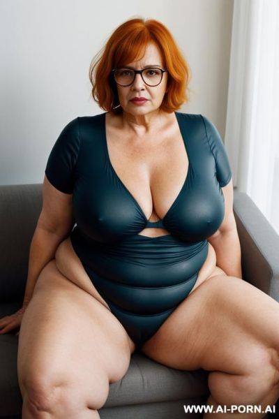 Old grandma bbw, fat lady, no shirt, no pant, not covering them, very huge hips, very humongous chest, wearing really tight clothes that go against the body, basically wearing nog, naked - ai-porn.ai on pornsimulated.com