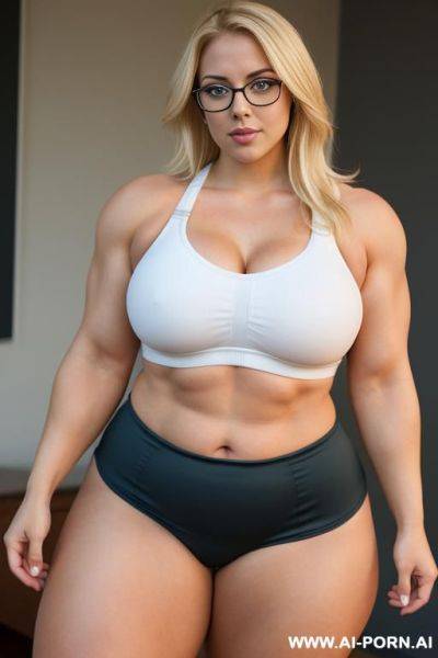Blonde beautiful woman, (thick rimmed glasses) (sports bra), massive thighs, gigantic thighs, obese thighs, muscled bulked up thighs, huge thighs - ai-porn.ai on pornsimulated.com