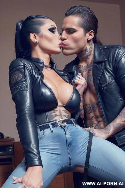 ((((latina milf)))) with huge tits, (makeup) , ((tight black leather jacket)) (((tight blue jeans))) (((((selfie with a guy))))) (((kissing))) - ai-porn.ai on pornsimulated.com