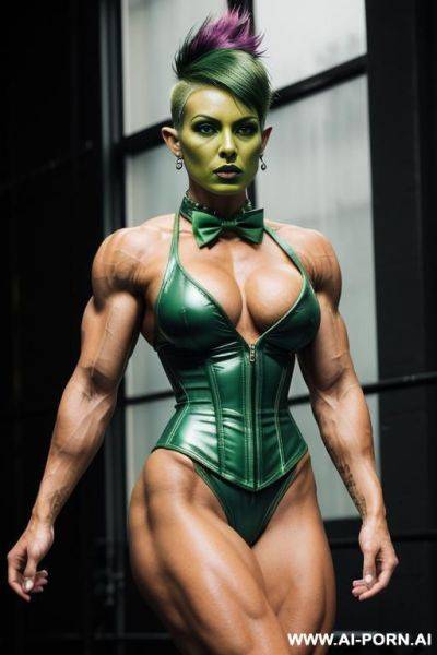 Green skin colour, green face, green body, muscular female, ufo, beautifull face, dark-green lipstick, elf, ufo, bow tie, ufo green skin, ufo sexy green skin space ufo elf, beautifull face, bow tie, latex corset - ai-porn.ai on pornsimulated.com