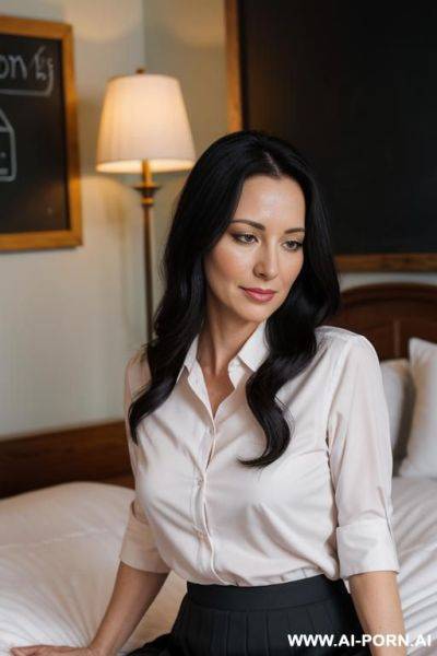 A highly detailed dslr photograph of beautiful dark-haired chesty naked 20-year-old woman lying on a bed, sleeping peacefully. she has long, flowing dark hair, opened bright eyes, soft facial - ai-porn.ai on pornsimulated.com