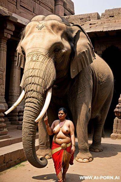 Ancient indian elephant is carrying with his trunk a chubby naked female indian temple servant - ai-porn.ai - India on pornsimulated.com