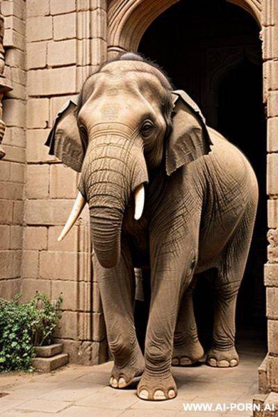 Ancient indian elephant is carrying with his trunk a chubby naked indian temple servant - ai-porn.ai - India on pornsimulated.com