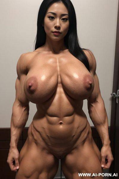 Extremely hyper muscular, extremely hyper muscular pecs, extremely gigantic tits, extremely hyper muscular abs, 1, full body shot, nude, extreme flexing, muscular pussy - ai-porn.ai on pornsimulated.com