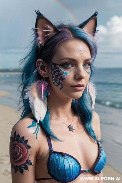 Face, sexy, beautiful, ((face painting)), ((bikini as seashell)), ((tattoo roses)), ((eyes shw)), ((angel wings)), ((rainbow hair)), ((sexy expression)), ((long bu hair)), ((wind)), (( cat face)), (( cat - ai-porn.ai on pornsimulated.com