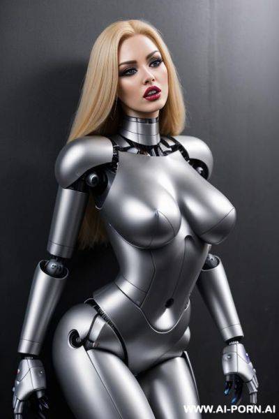 Damaged robot, front view, full body view, leaning back against wall, looking at viewer, angry face, open mouth, shouting, beautiful, long straight blonde hair, big lips, heavy makeup, black fully - ai-porn.ai on pornsimulated.com