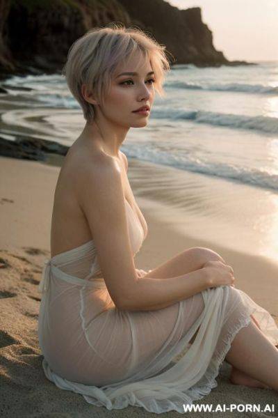 A soft, intimate portrait of a woman sitting alone on a quiet beach at dusk, wrapped in a light, flowing fabric that scarcely covers her body. she gazes downd with a , vulnerable - ai-porn.ai on pornsimulated.com