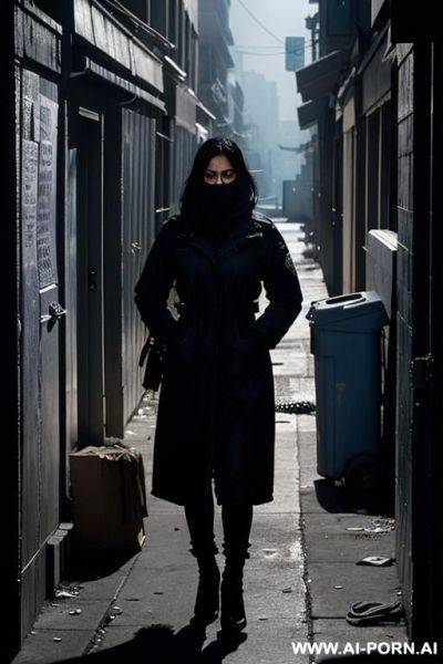 A woman in her mid-20s, hiding behind a dumpster in a dark alley at night, shaking in torn, minimal clog. her face is marked with fear and exhaustion. scattered around her are wrinkled - ai-porn.ai on pornsimulated.com